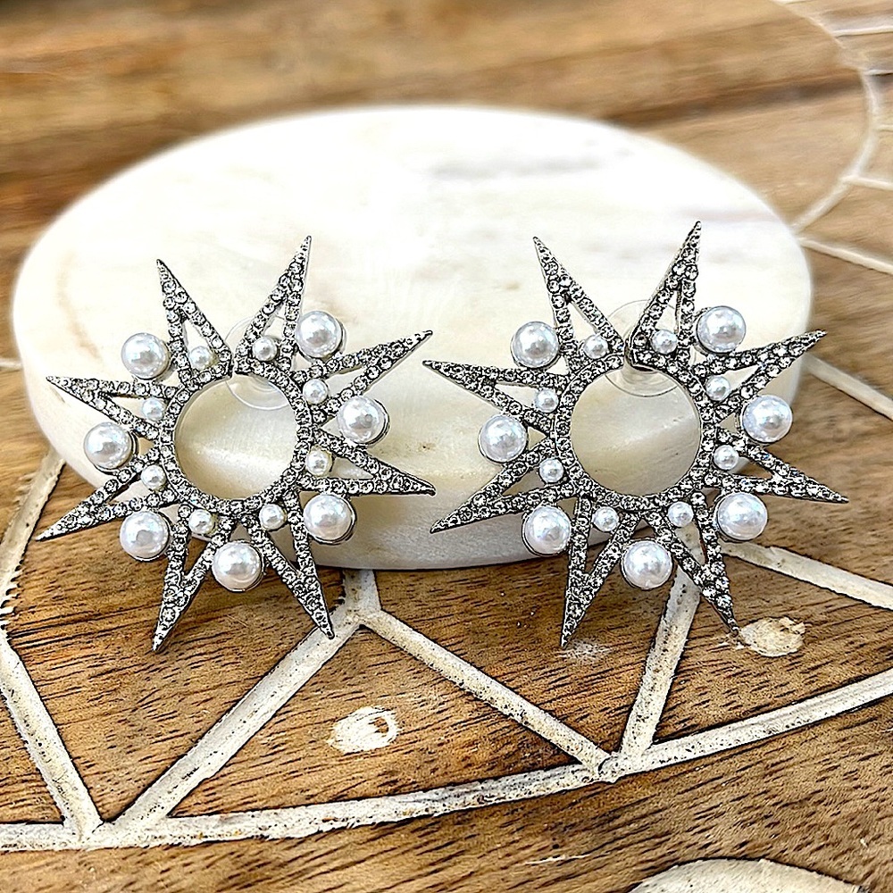 Silver Rhinestone & Pearl Starburst Statement Earrings